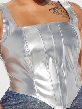 Fashion Nova Silver Metallic Square-Neck Corset Top
